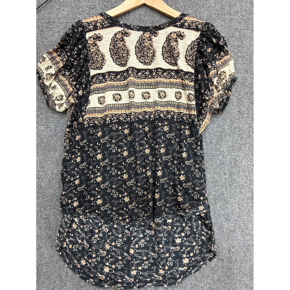 Free People Boho Paisley Floral Mixed Print Scoop Neck Low Puff Sleeve Knit Top